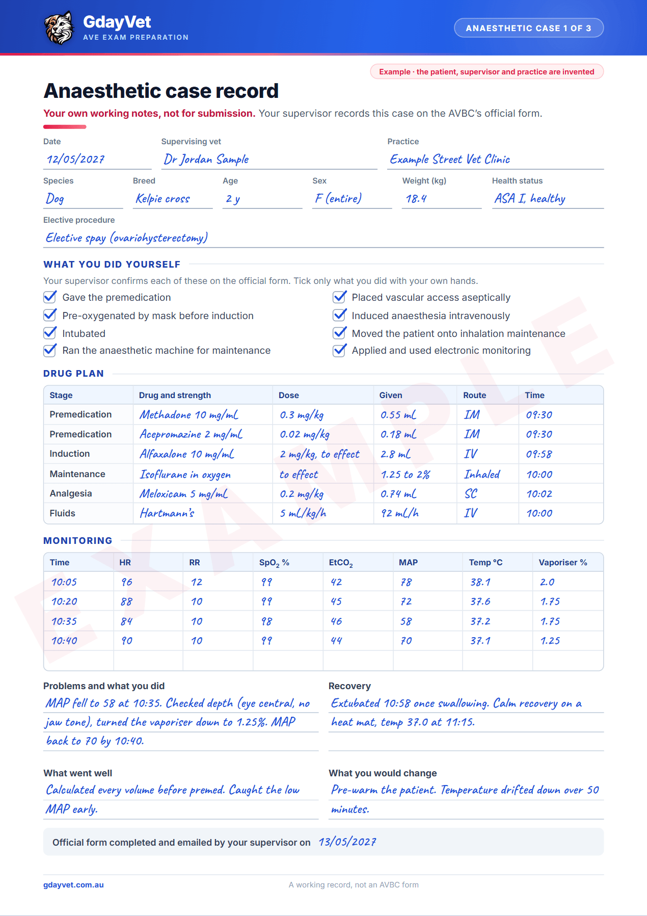 Example anaesthetic case record, filled in for a fictional dog and supervisor