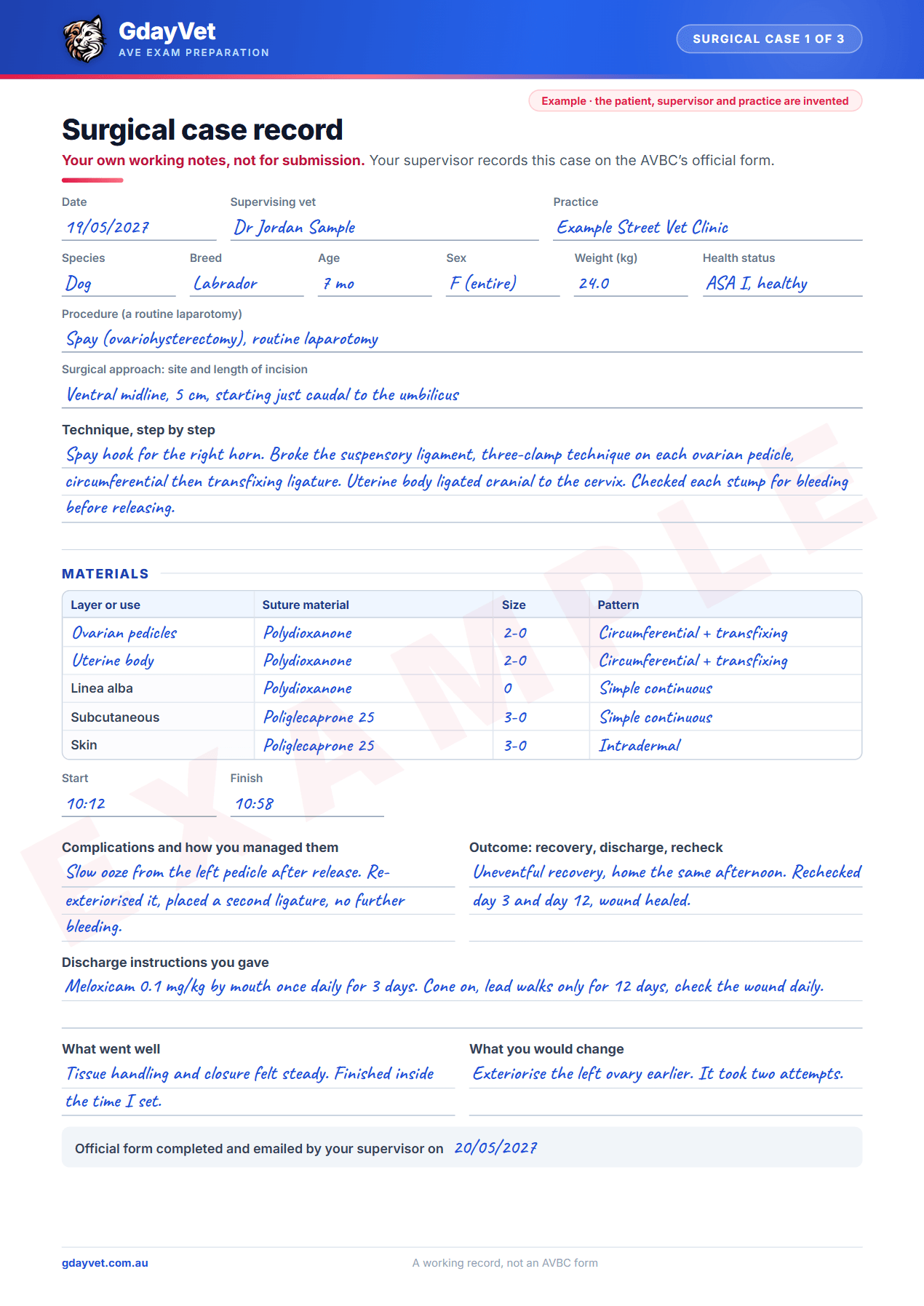 Example surgical case record, filled in for a fictional dog and supervisor